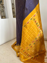 PRADIPTAA – PURPLISH BLUE POCHAMPALLY SILK WITH MUSTARD AANCHAL