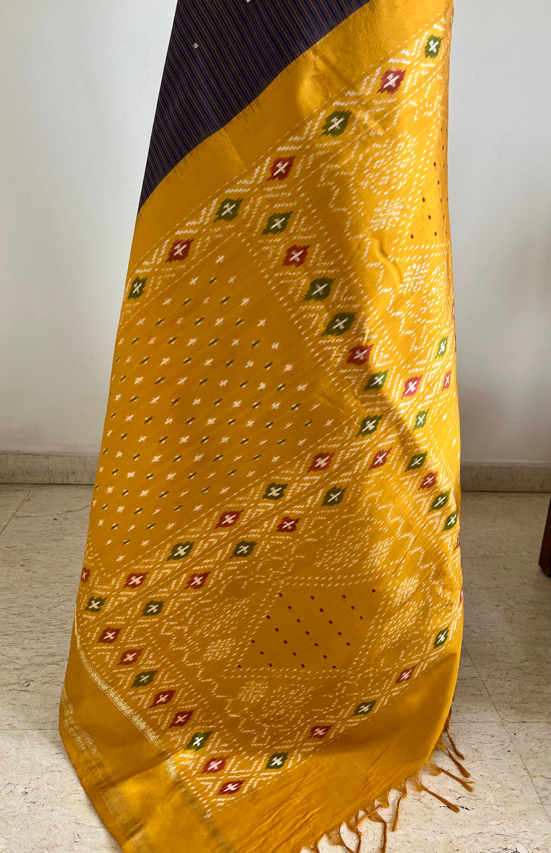 PRADIPTAA – PURPLISH BLUE POCHAMPALLY SILK WITH MUSTARD AANCHAL