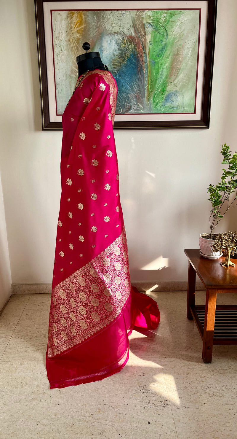 TVARITA- MAGENTA BANARASI SAREE WITH GOLD ZARI FLORALS