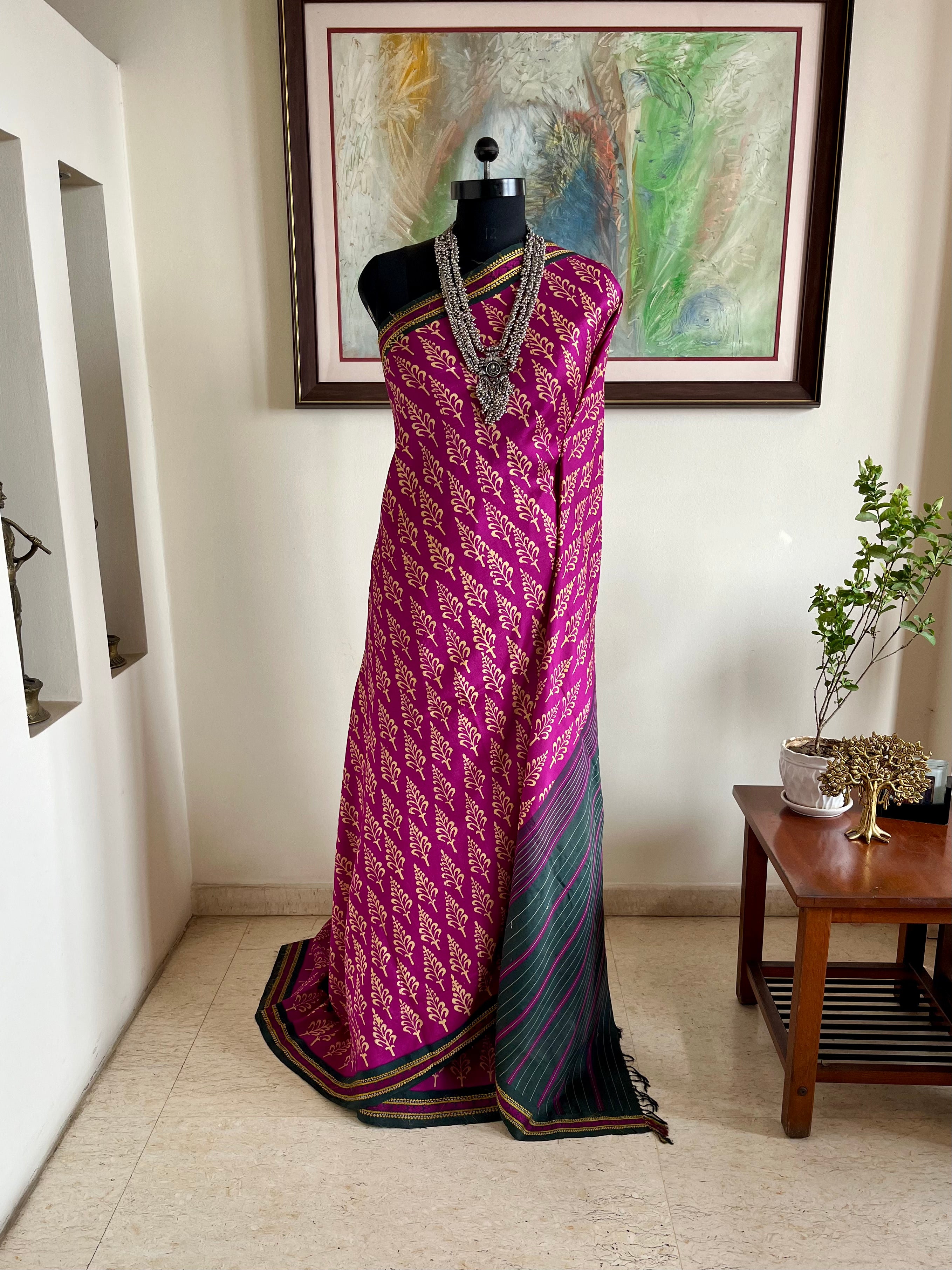 PARIMALAM - MAGENTA BLOCK PRINT KORVAI KANJIVARAM WITH PEACOCK MOTIF B ...
