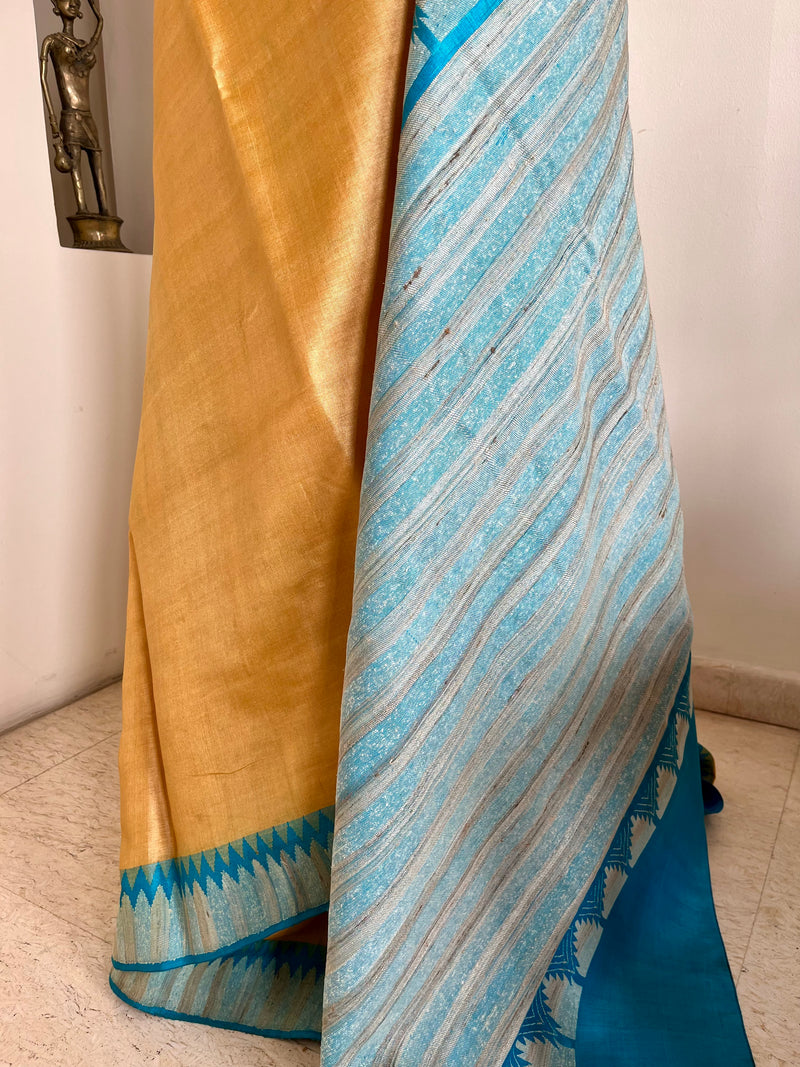 AVNIYA – BEIGE CREAM TUSSAR WITH BLUE TEMPLE BORDER AANCHAL