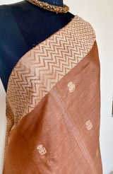 SHAILEE- ELEGANT BROWNISH PEACH BANARASI TUSSAR SILK SAREE WITH THREADWORK