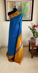PRIYASHRI — BLUE KANJIVARAM WITH MUSTARD PEACOCK BORDERS