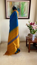 PRIYASHRI — BLUE KANJIVARAM WITH MUSTARD PEACOCK BORDERS