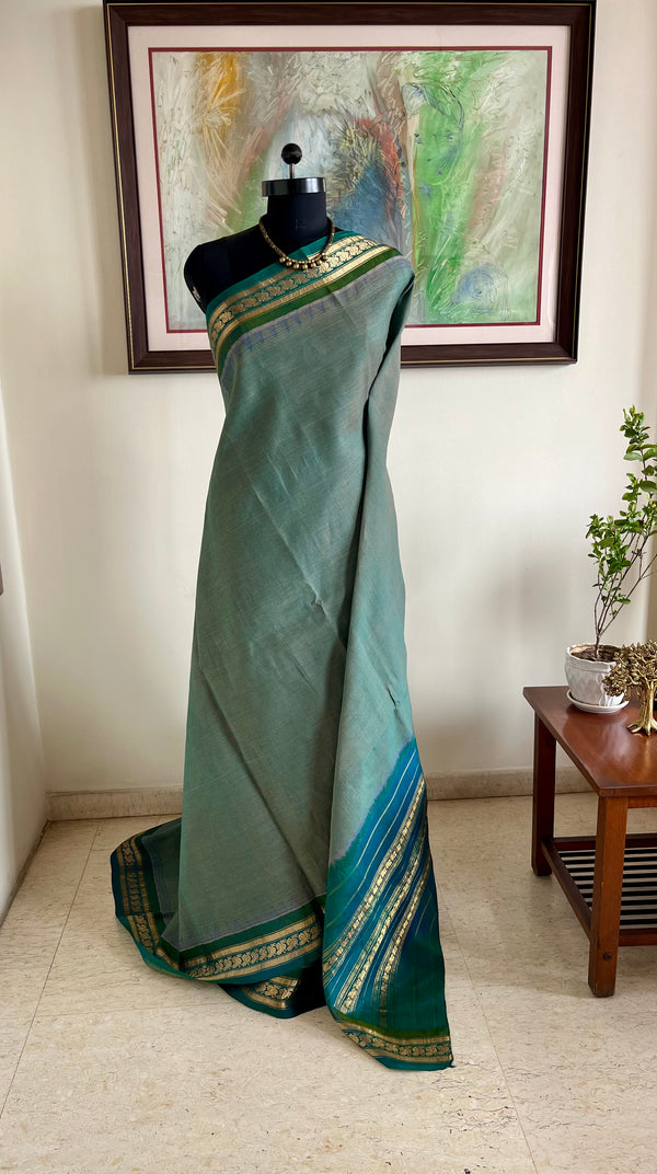AADANYA- TEAL GADWAL COTTON SAREE WITH PEACOCK ZARI