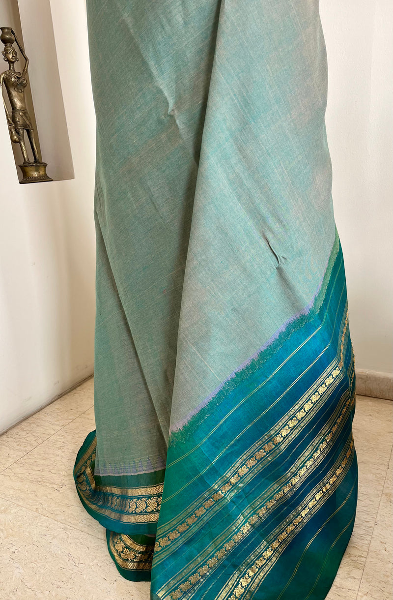 AADANYA- TEAL GADWAL COTTON SAREE WITH PEACOCK ZARI