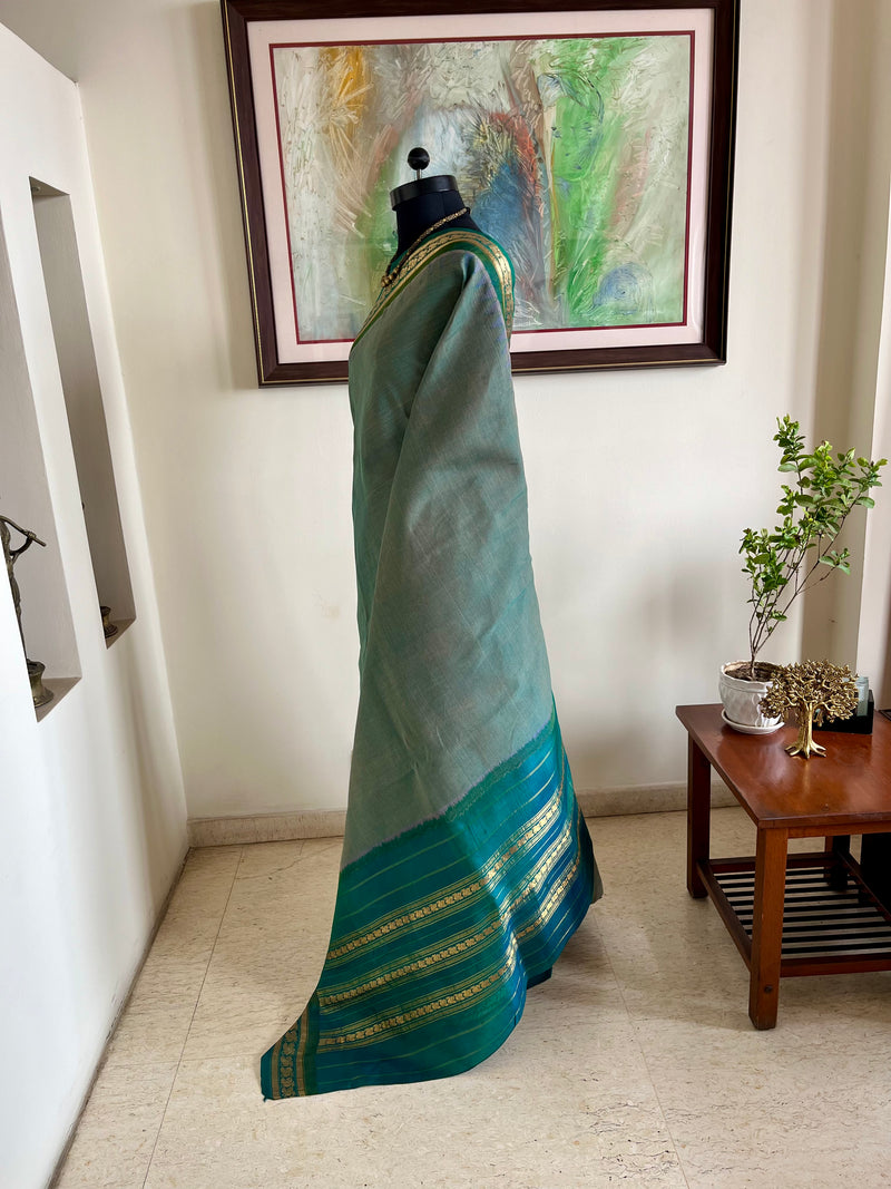 AADANYA- TEAL GADWAL COTTON SAREE WITH PEACOCK ZARI