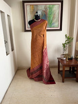 INIYA- MUSTARD MAROON KANJIVARAM WITH JACQUARD WOVEN MOTIFS