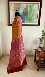 INIYA- MUSTARD MAROON KANJIVARAM WITH JACQUARD WOVEN MOTIFS