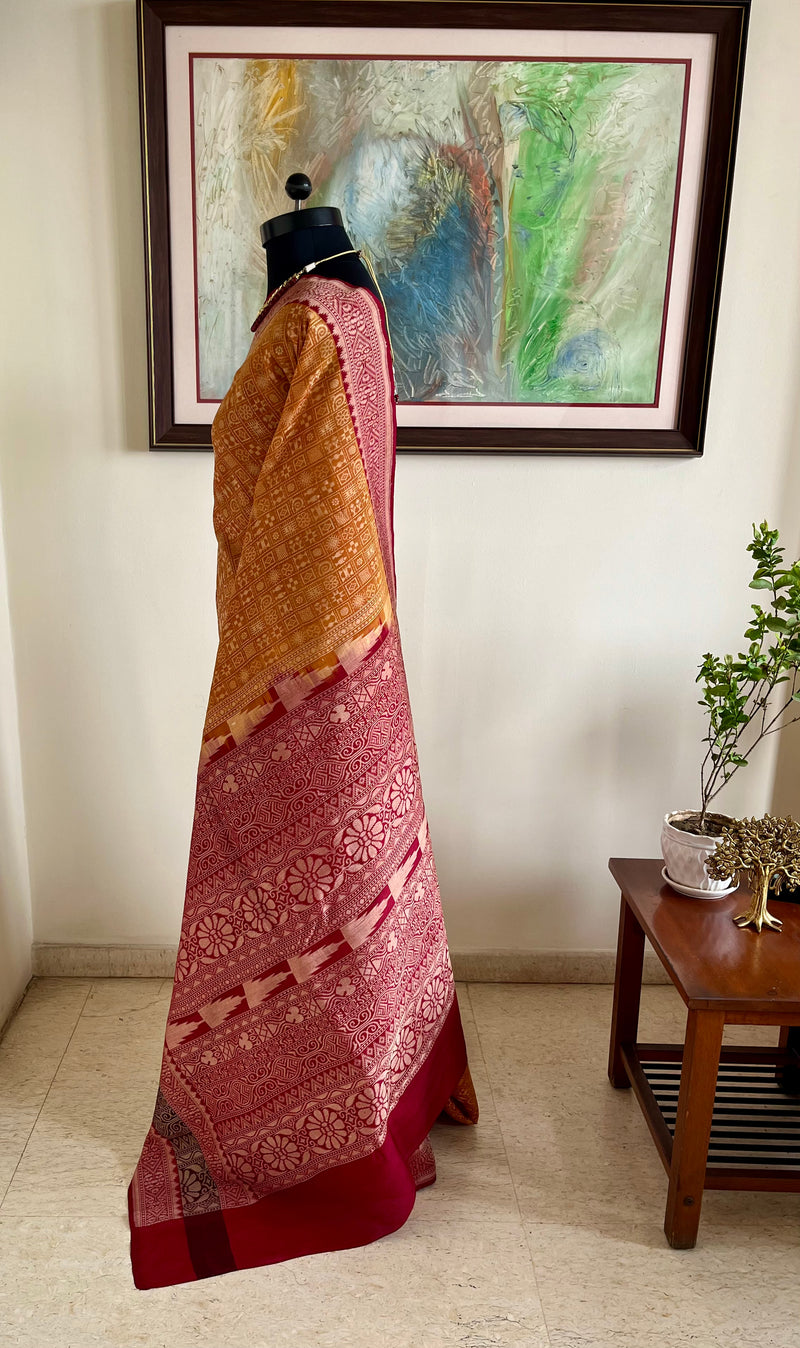 INIYA- MUSTARD MAROON KANJIVARAM WITH JACQUARD WOVEN MOTIFS