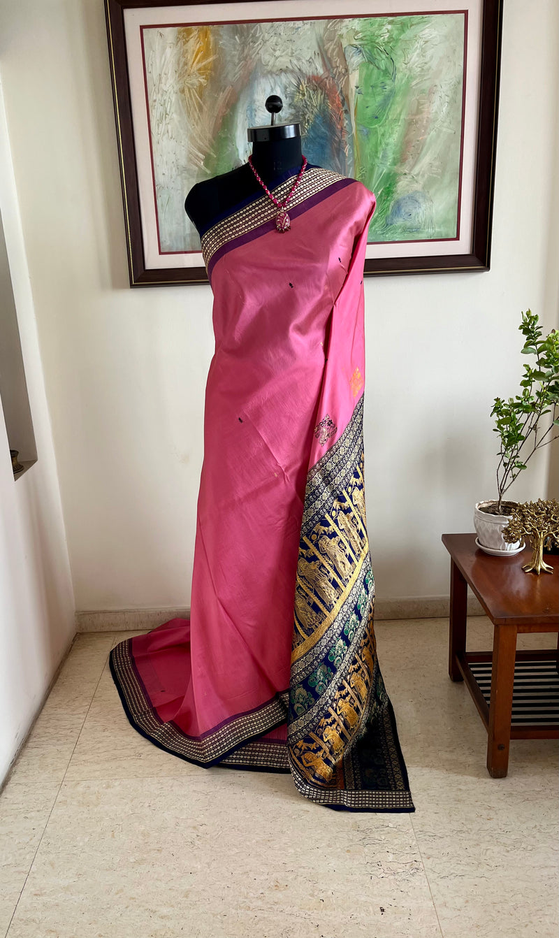 SHUBHA- PINK BOMKAI SILK WITH WOMEN CARRYING POT MOTIFS