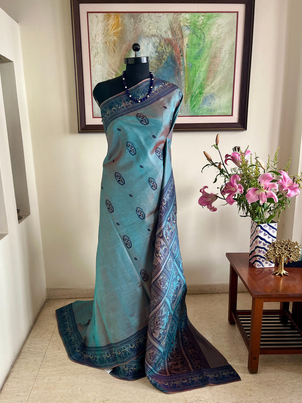 SWARALI - SHOT BLUE BALUCHARI WITH DIVINE RASLEELA AND PALACE MOTIFS
