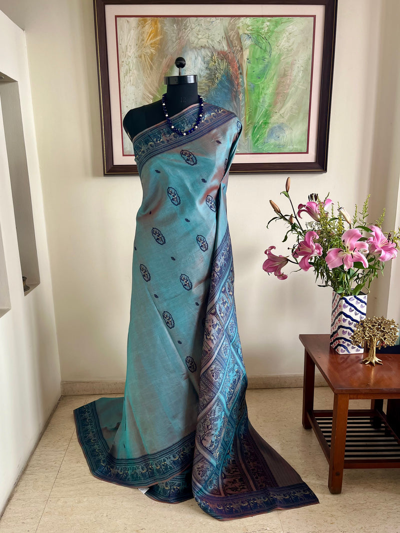 SWARALI - SHOT BLUE BALUCHARI WITH DIVINE RASLEELA AND PALACE MOTIFS