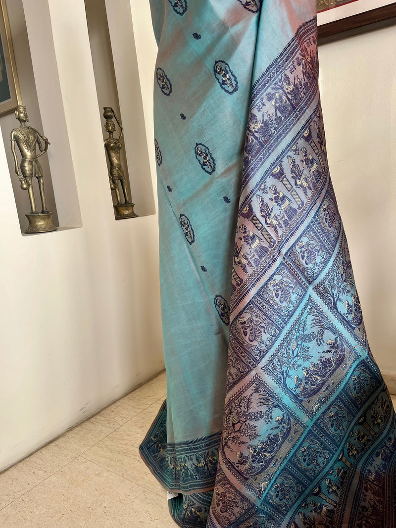 SWARALI - SHOT BLUE BALUCHARI WITH DIVINE RASLEELA AND PALACE MOTIFS