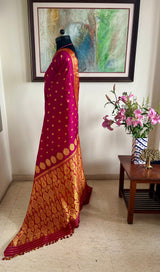 PRABITI- MAGENTA ASSAM SILK SAREE WITH DETAILED FLORAL BORDER AND AANCHAL
