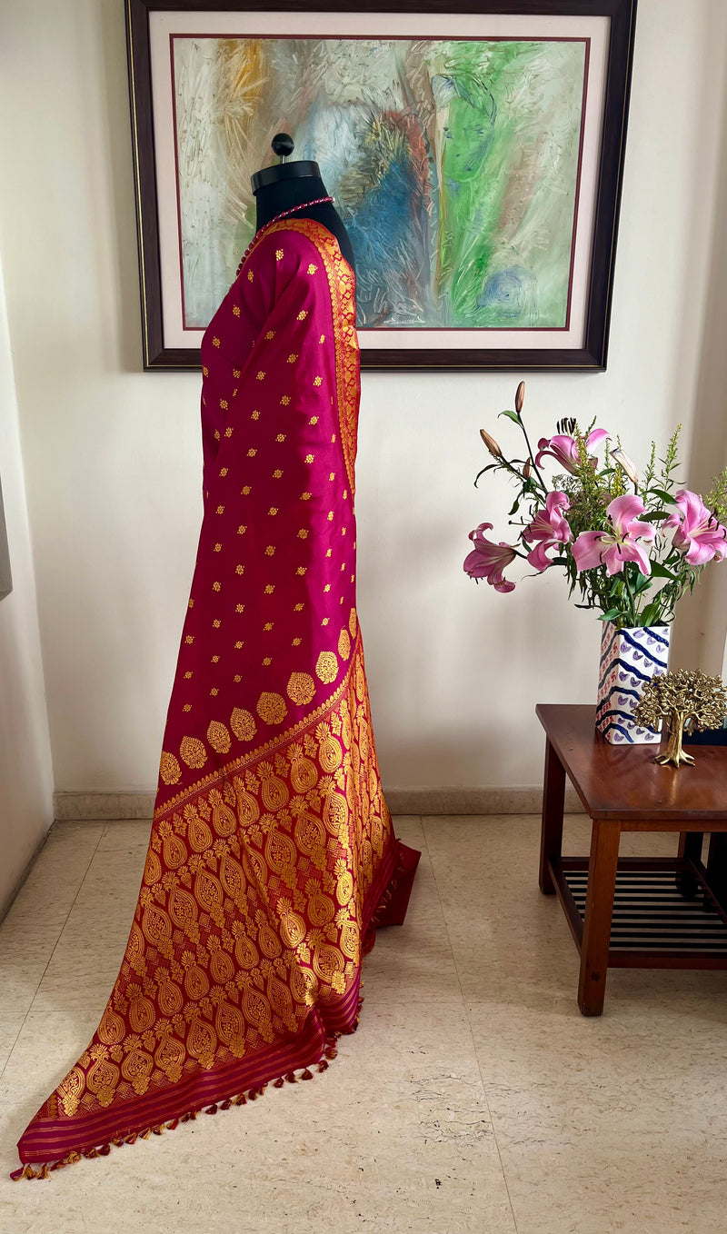 PRABITI- MAGENTA ASSAM SILK SAREE WITH DETAILED FLORAL BORDER AND AANCHAL