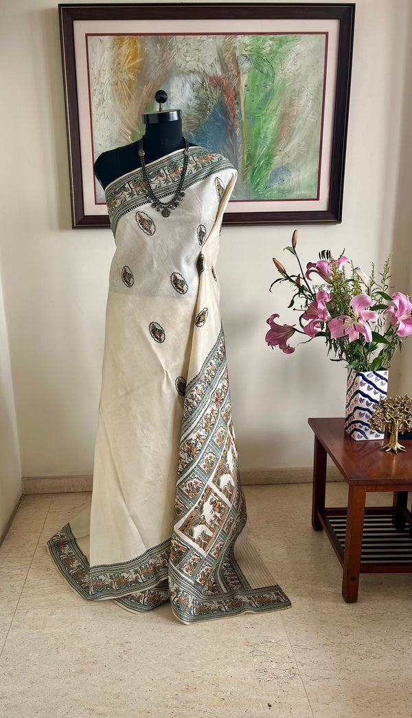 SREEPARNA – WHITE BALUCHARI SAREE WITH KRISHNA AND LUV–KUSH TALES