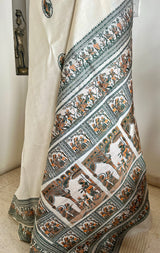 SREEPARNA – WHITE BALUCHARI SAREE WITH KRISHNA AND LUV–KUSH TALES