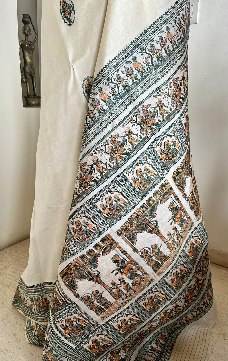 SREEPARNA – WHITE BALUCHARI SAREE WITH KRISHNA AND LUV–KUSH TALES