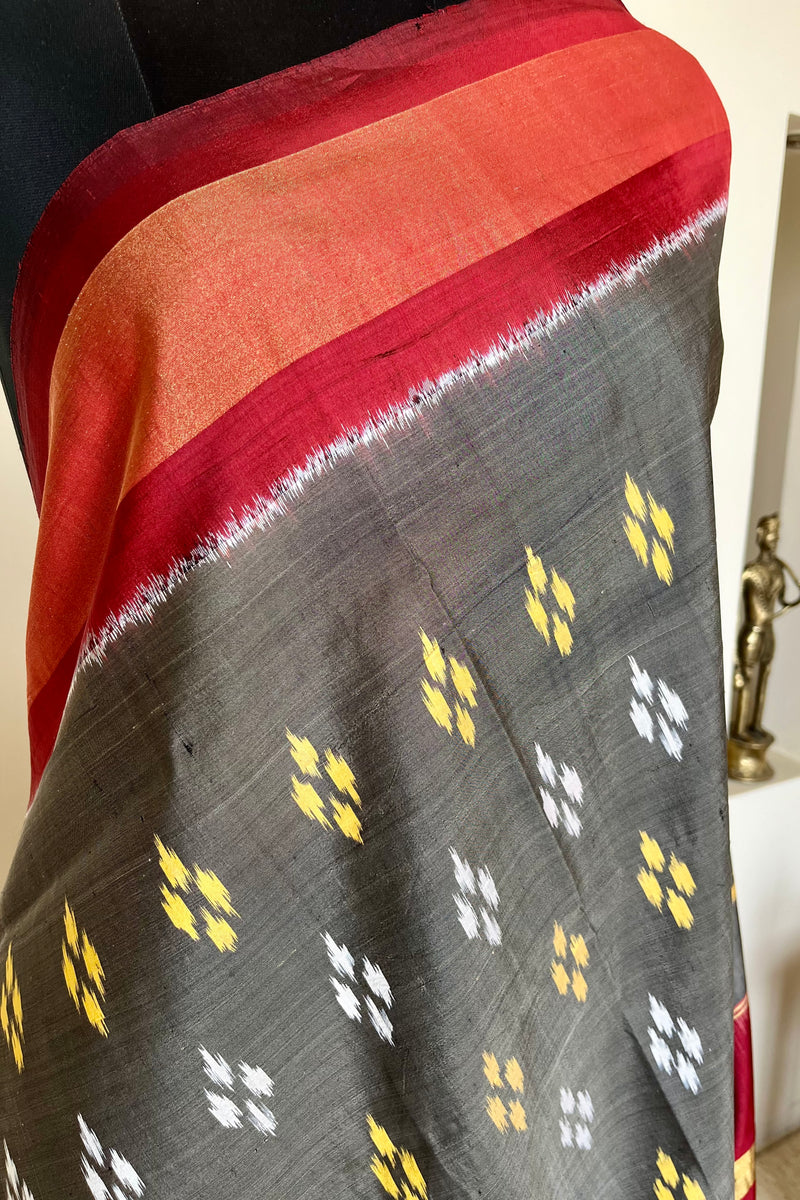 AAKARSHA- GREY RAJKOT PATOLA WITH MAROON, ORANGE AND ZARI ACCENTS