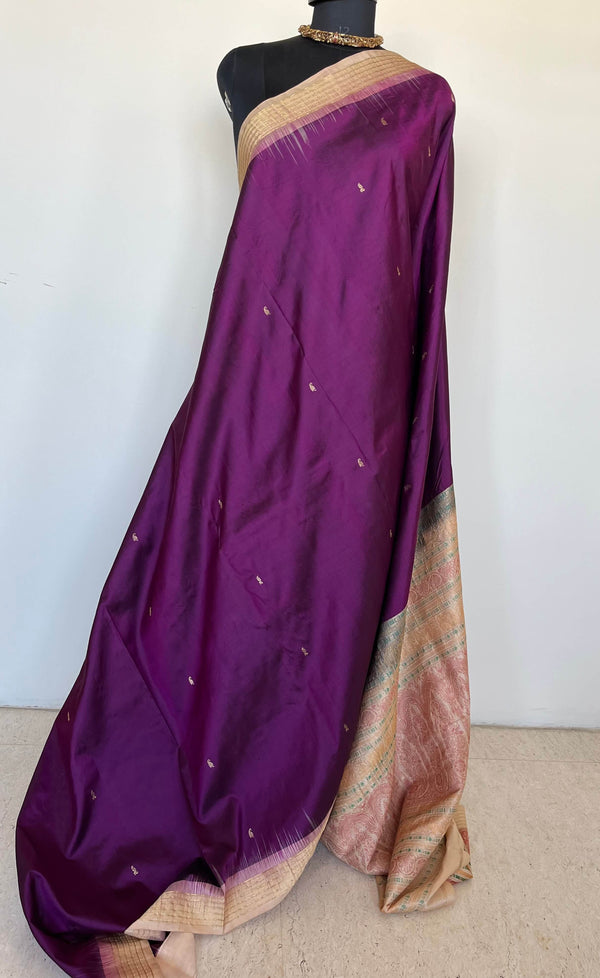 IRAVATI- REGAL, PURPLE BOMKAI SILK SAREE WITH FLORAL- LINED AANCHAL