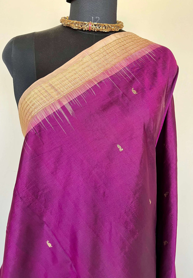 IRAVATI- REGAL, PURPLE BOMKAI SILK SAREE WITH FLORAL- LINED AANCHAL