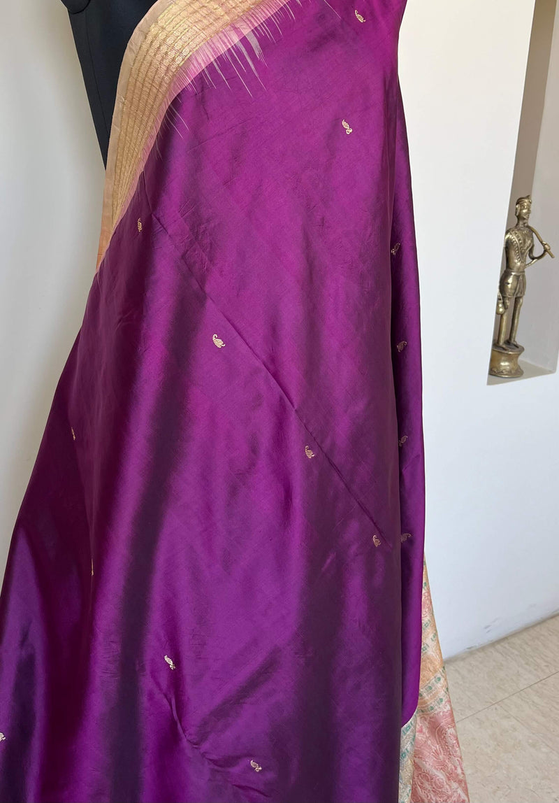 IRAVATI- REGAL, PURPLE BOMKAI SILK SAREE WITH FLORAL- LINED AANCHAL