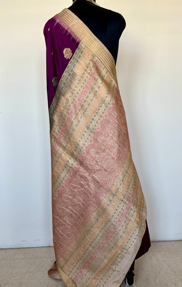 IRAVATI- REGAL, PURPLE BOMKAI SILK SAREE WITH FLORAL- LINED AANCHAL