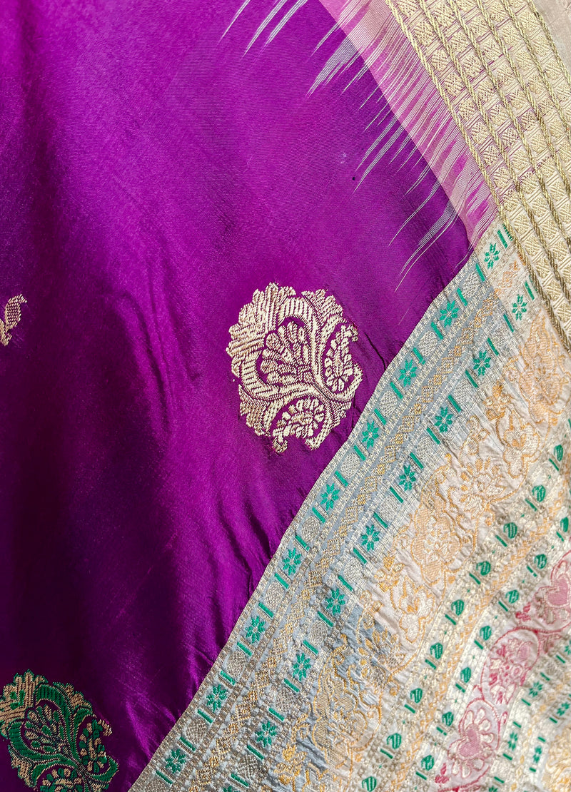 IRAVATI- REGAL, PURPLE BOMKAI SILK SAREE WITH FLORAL- LINED AANCHAL