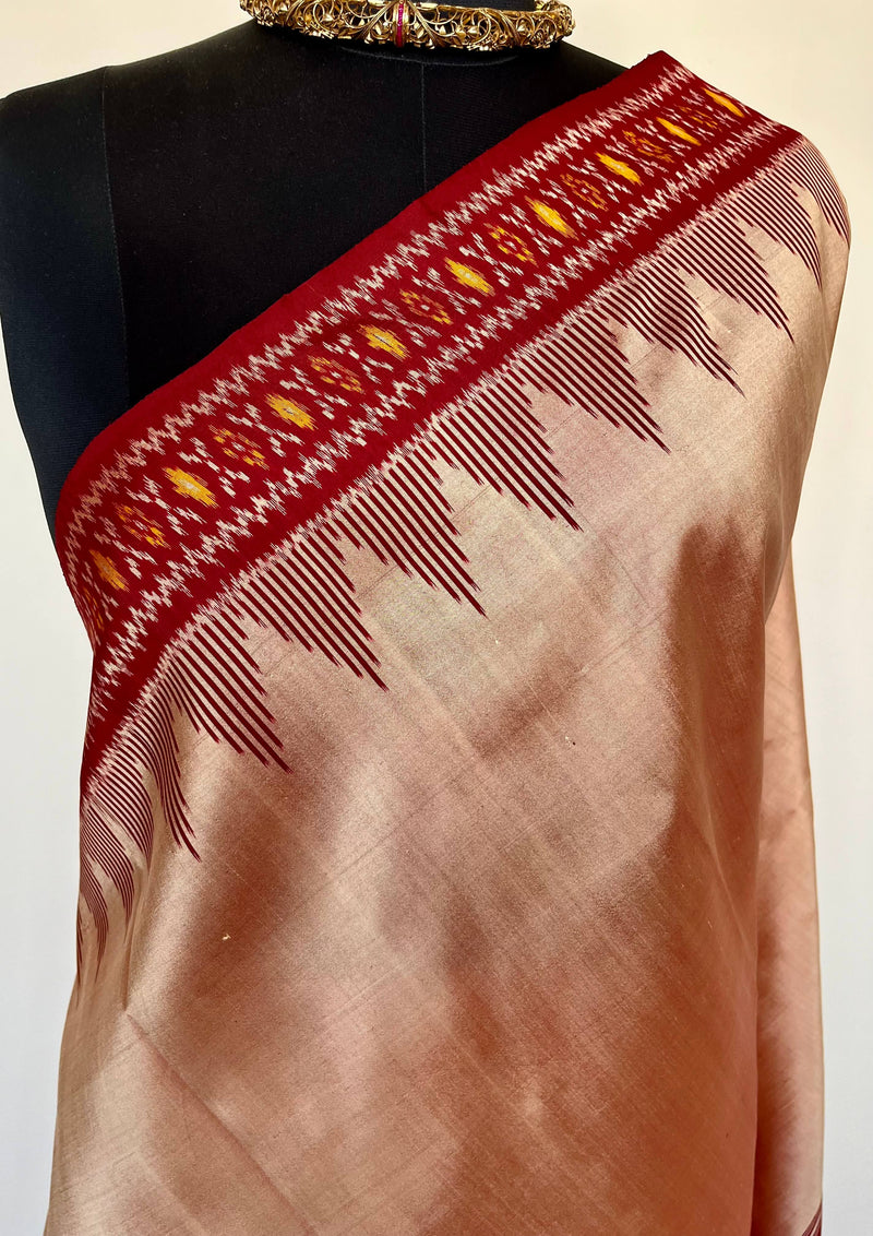 AASHRITA- PEACH POCHAMPALLY SILK SAREE WITH STUNNING MAROON BORDER