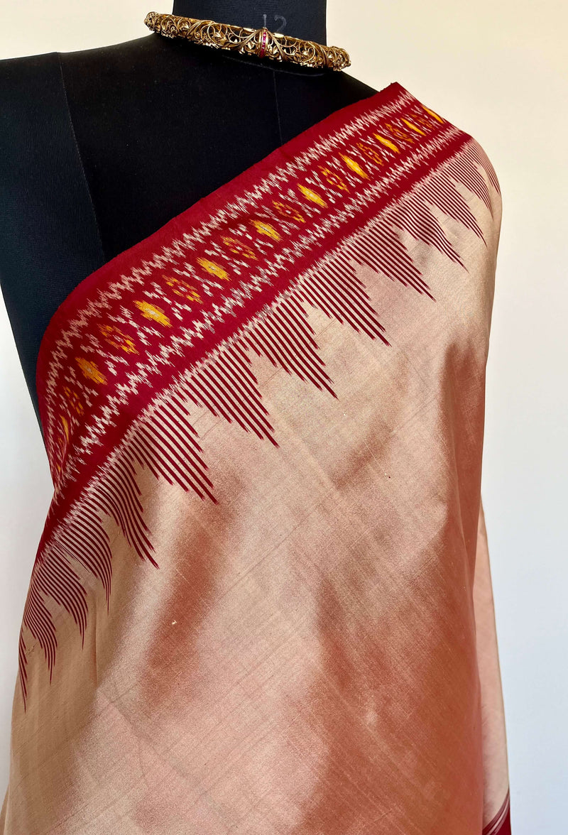 AASHRITA- PEACH POCHAMPALLY SILK SAREE WITH STUNNING MAROON BORDER