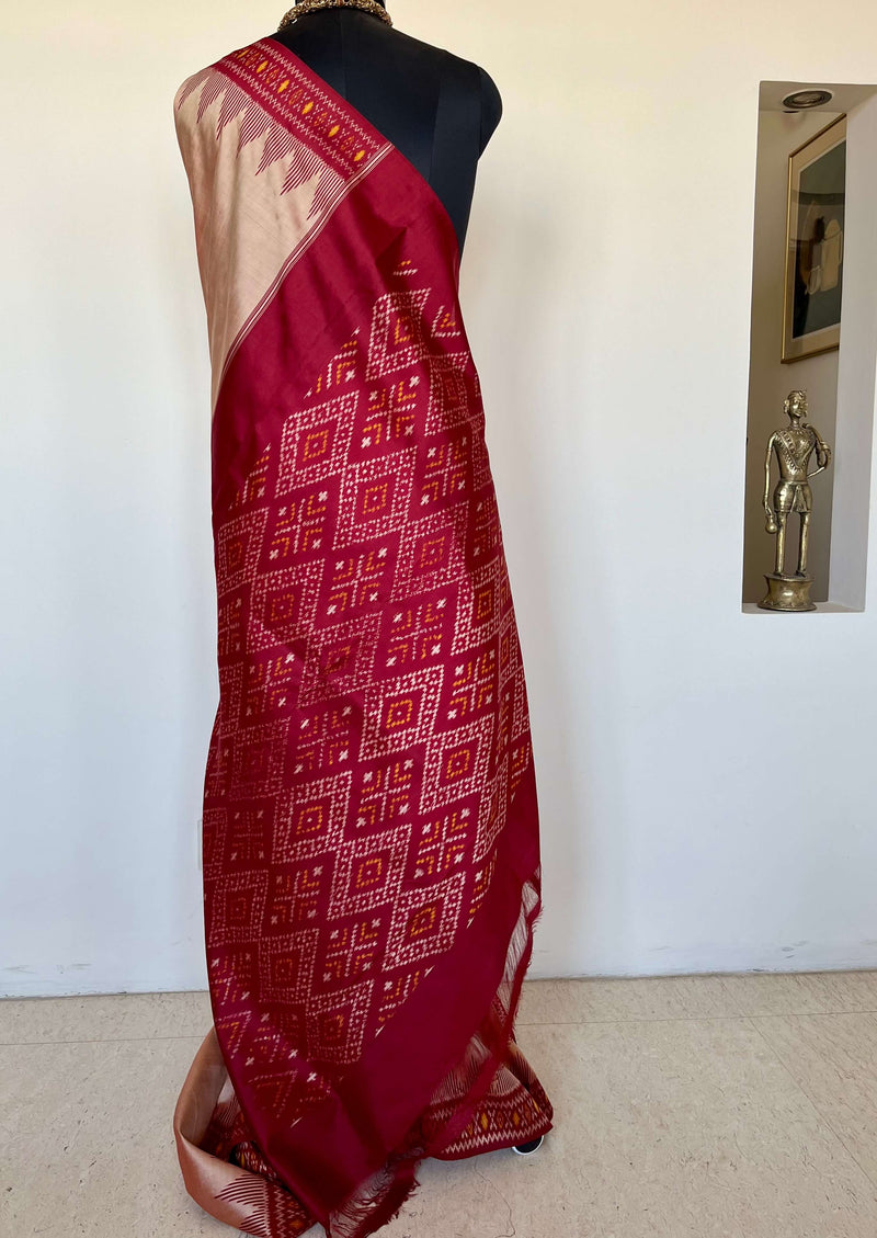 AASHRITA- PEACH POCHAMPALLY SILK SAREE WITH STUNNING MAROON BORDER