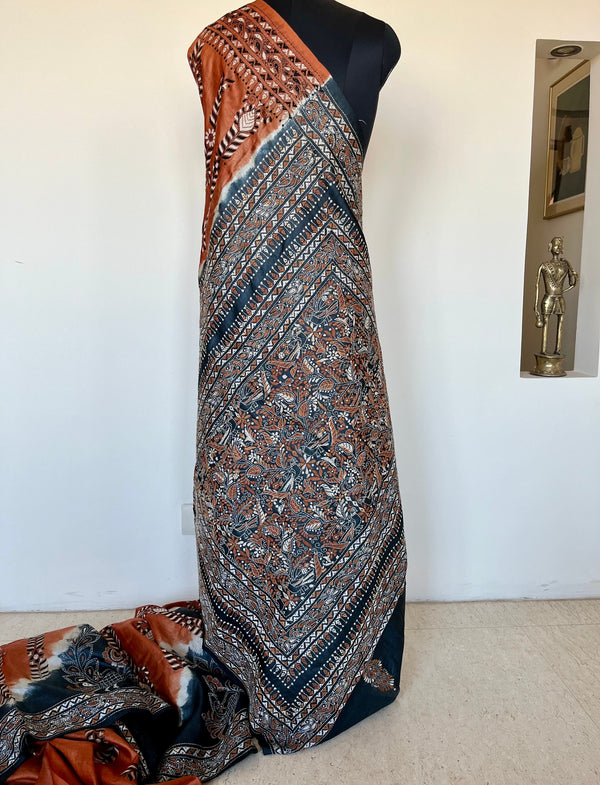 RINI- RUST TUSSAR SILK SAREE WITH EXQUISITE KANTHA EMBROIDERY