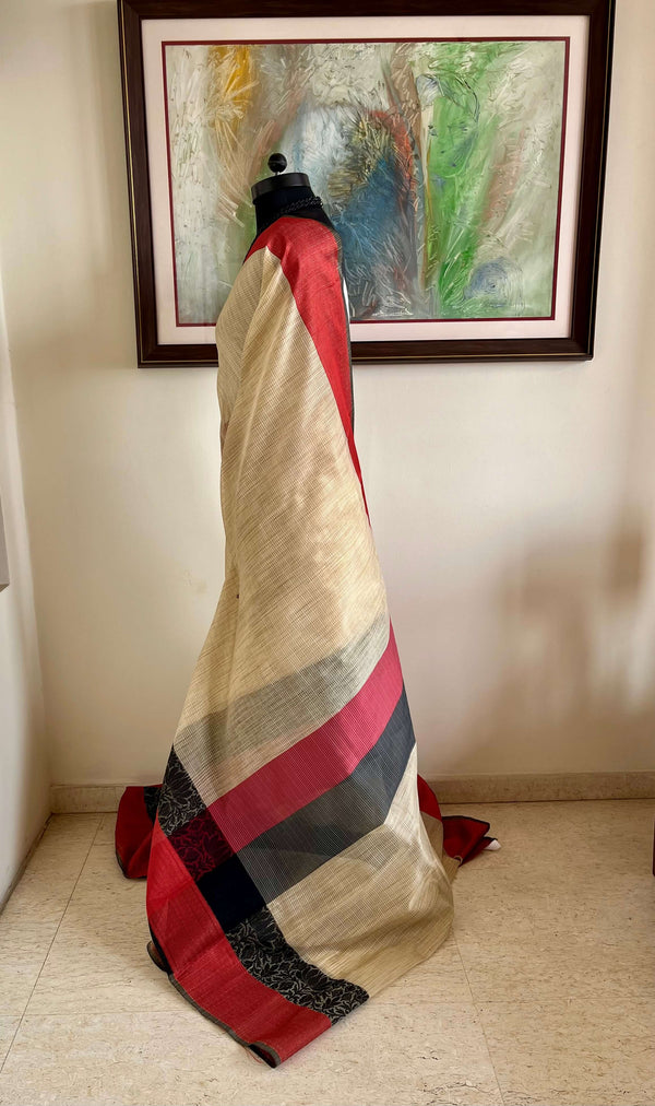 SUBHRITA – NEVER WORN VINTAGE PHULIA SILK COTTON WITH CHEVRON AND NAKSHI BORDER