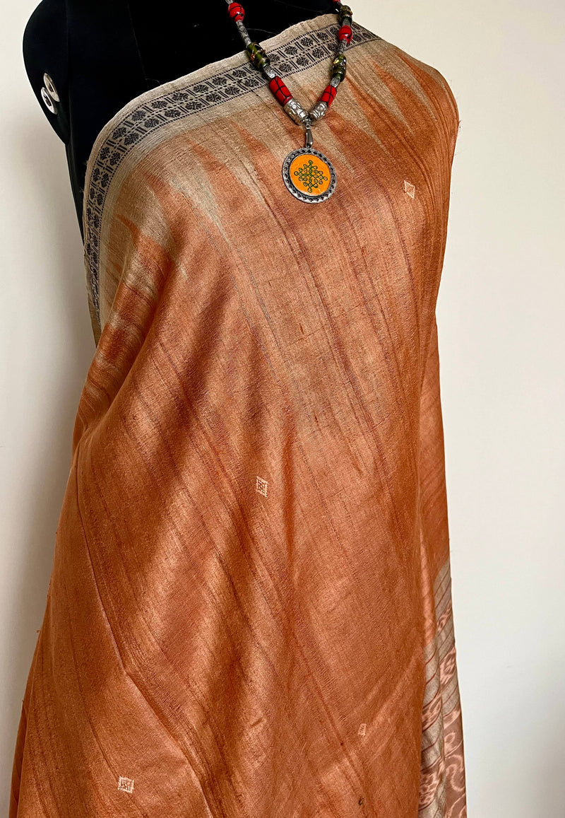 SAROJA- PEACH GOPALPUR TUSSAR SAREE WITH BLACK RUDRAKSHA BORDER