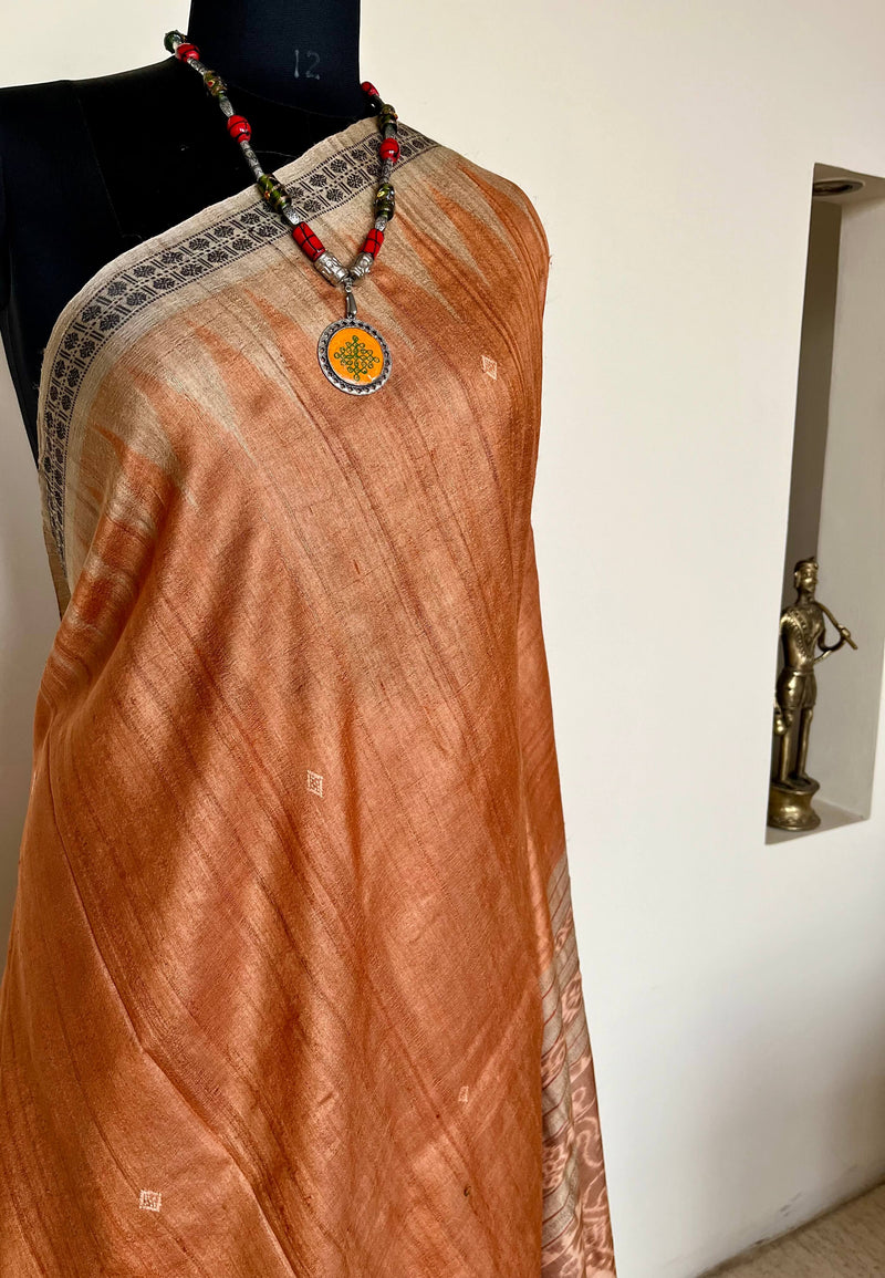 SAROJA- PEACH GOPALPUR TUSSAR SAREE WITH BLACK RUDRAKSHA BORDER