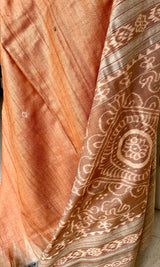 SAROJA- PEACH GOPALPUR TUSSAR SAREE WITH BLACK RUDRAKSHA BORDER