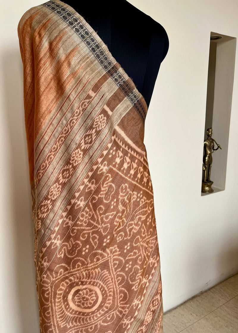 SAROJA- PEACH GOPALPUR TUSSAR SAREE WITH BLACK RUDRAKSHA BORDER