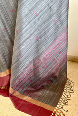 AAVAYA-GREY TUSSAR WITH PINK PEACH BORDER AND MOTIFS