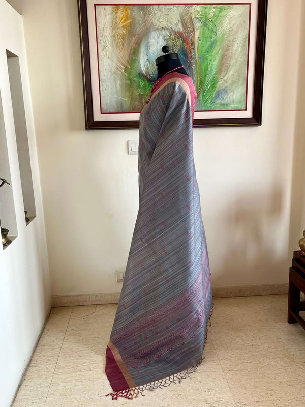 AAVAYA-GREY TUSSAR WITH PINK PEACH BORDER AND MOTIFS