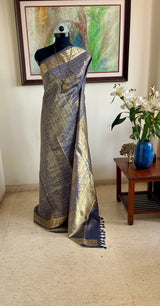 SVARIKA – STEEL GREY TISSUE KANJIVARAM WITH GOLD ZARI