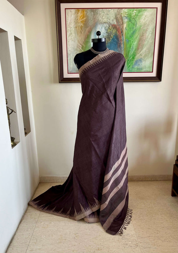 TANSIKA – CHOCOLATE BROWN TUSSAR WITH PEACH TEMPLE BORDERS