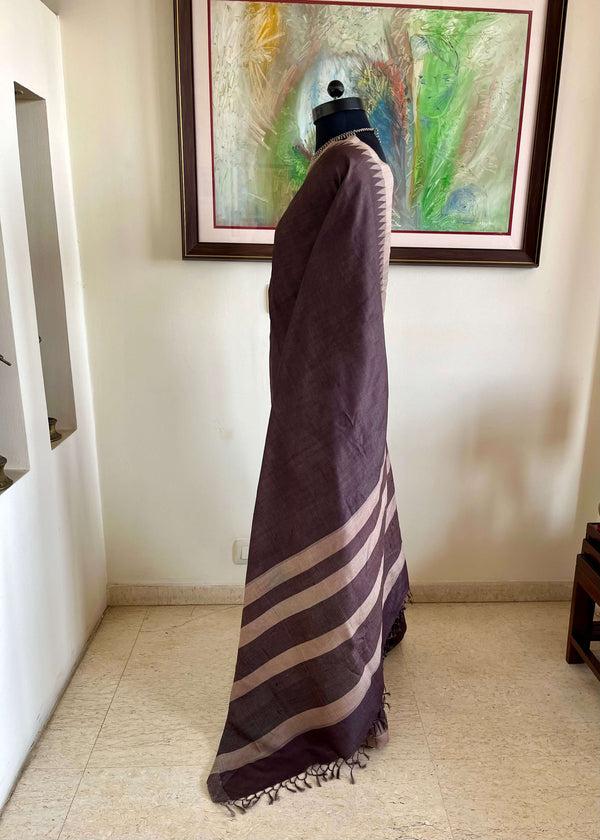 TANSIKA – CHOCOLATE BROWN TUSSAR WITH PEACH TEMPLE BORDERS