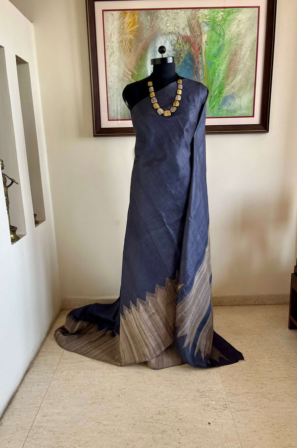 SAMVIKA – STEEL GREY TUSSAR WITH TEMPLE BORDER AND AANCHAL