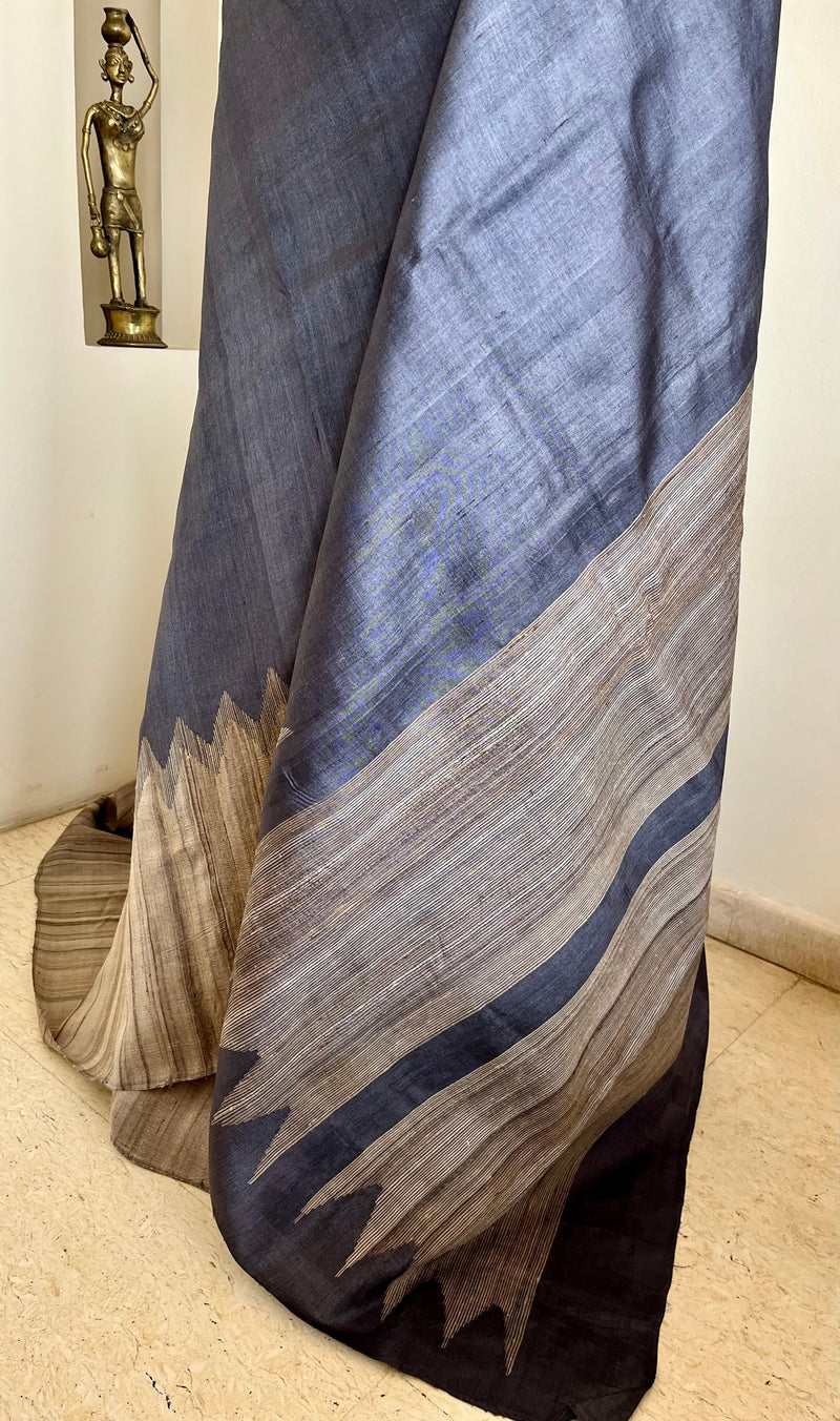 SAMVIKA – STEEL GREY TUSSAR WITH TEMPLE BORDER AND AANCHAL