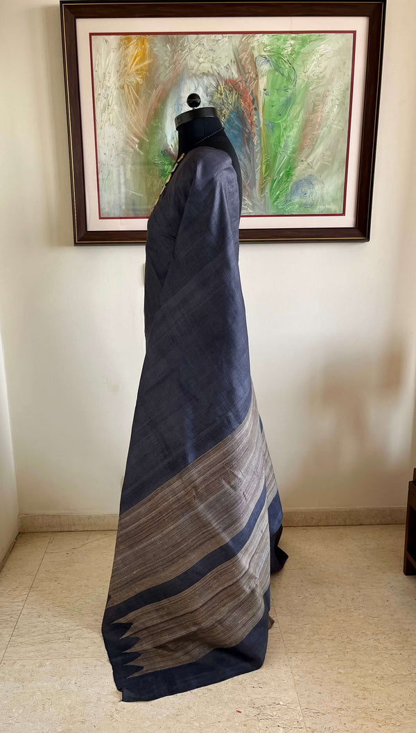 SAMVIKA – STEEL GREY TUSSAR WITH TEMPLE BORDER AND AANCHAL