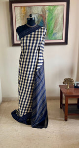 NAVYASHREE – CREAM AND BLUE POCHAMPALLY WITH CHECKS