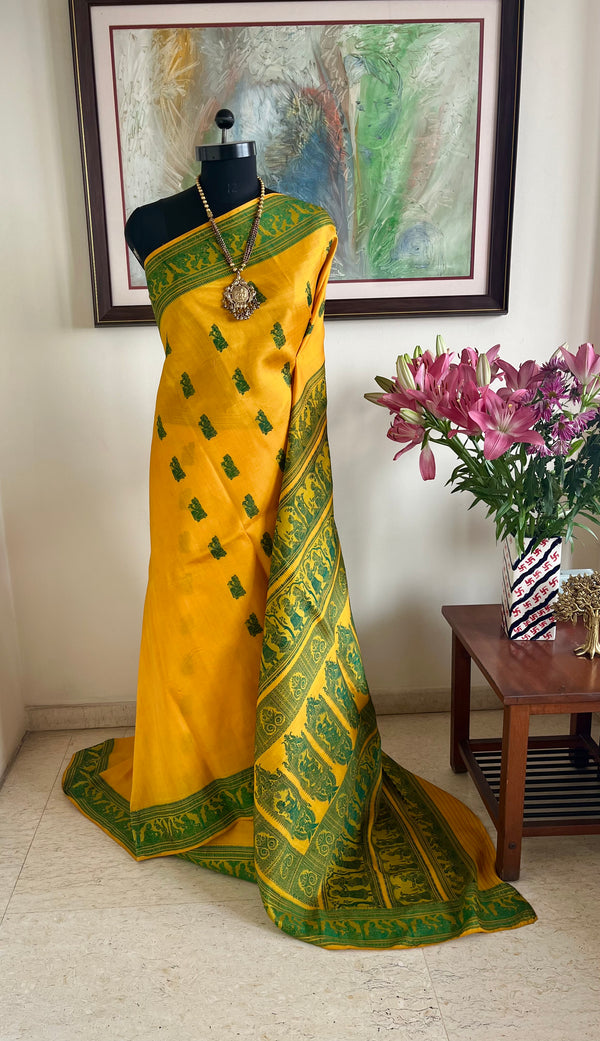 SOMASREE–YELLOW BALUCHARI SAREE WITH KRISHNA STORY WEAVES