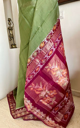 KAAMINI- MEHENDI GREEN COTTON HANDLOOM WITH MAROON BORDER, INTRICATE THREADWORK IN THE AANCHAL