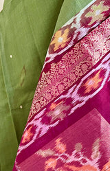 KAAMINI- MEHENDI GREEN COTTON HANDLOOM WITH MAROON BORDER, INTRICATE THREADWORK IN THE AANCHAL